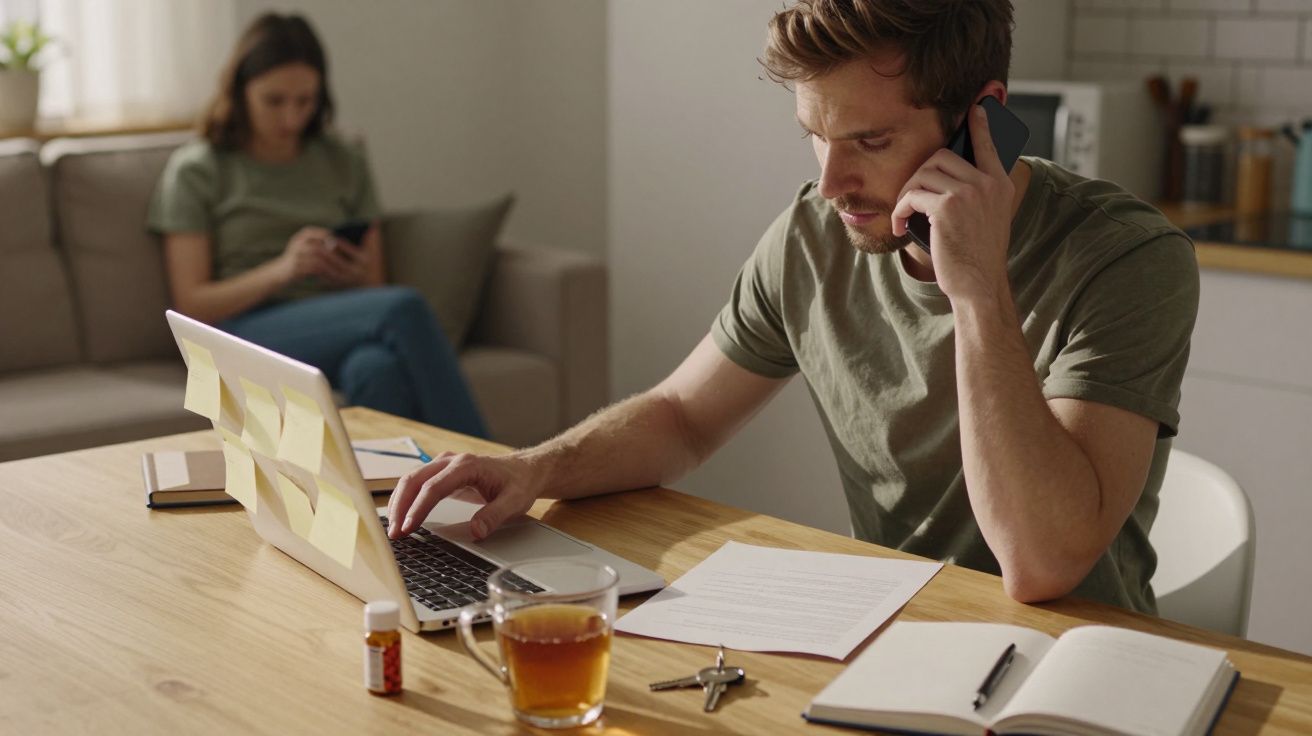 Homem ao telefone a trabalhar no portátil numa mesa, com chá e papéis. Mulher ao fundo mexe no telemóvel no sofá.