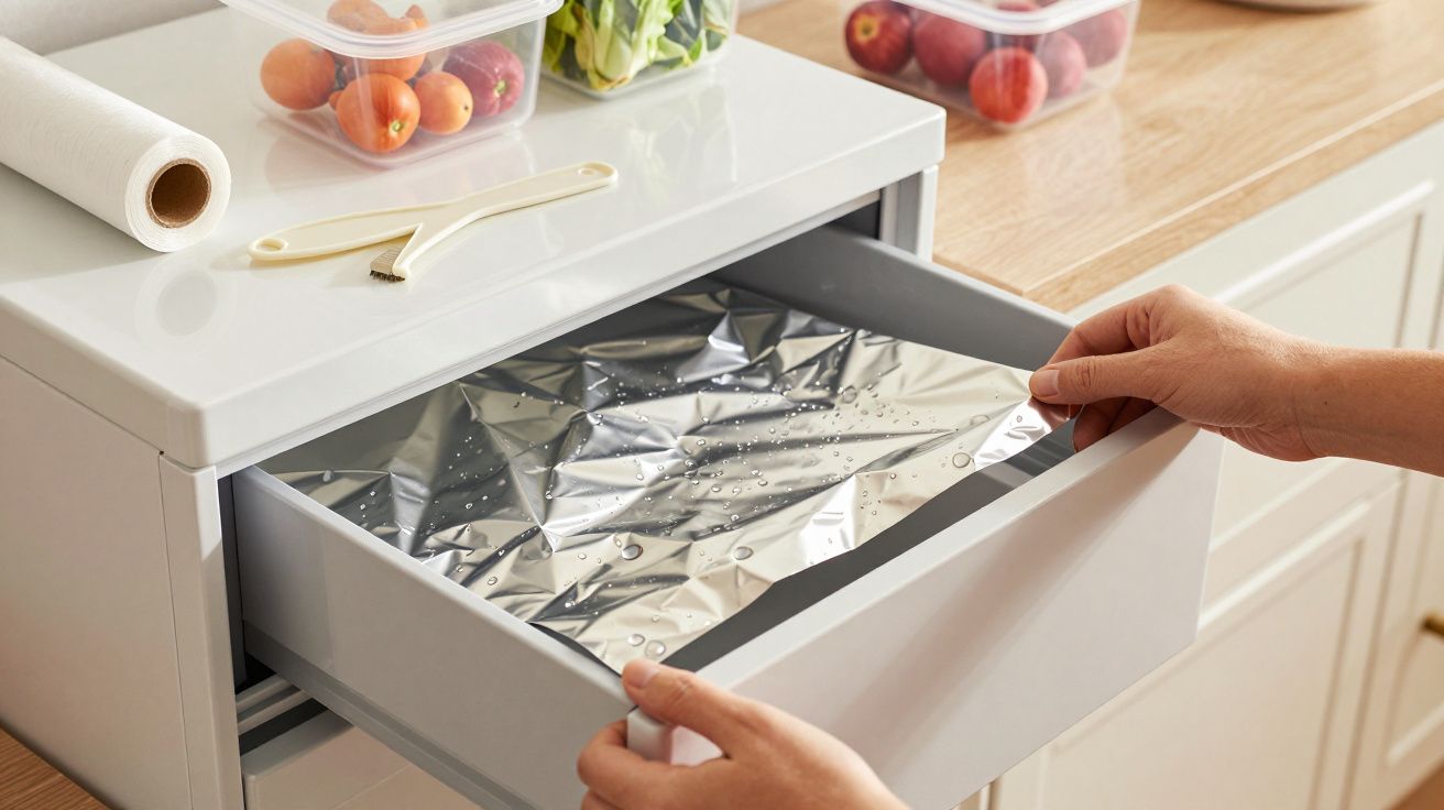 Mãos abrindo gaveta com folha de alumínio dentro, ao lado de bancada de cozinha com papel e frutas.