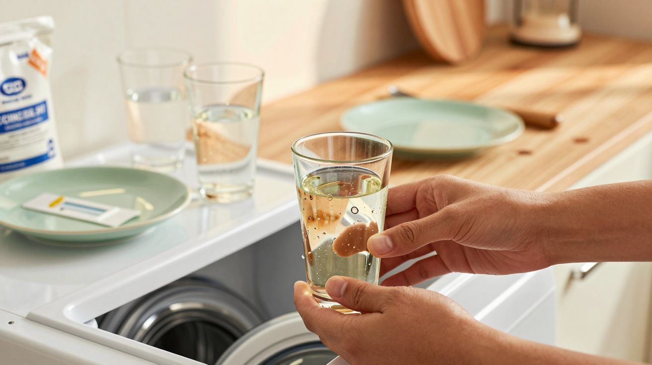 Mãos colocando copo na máquina de lavar louça ao lado de pratos e copos na bancada.