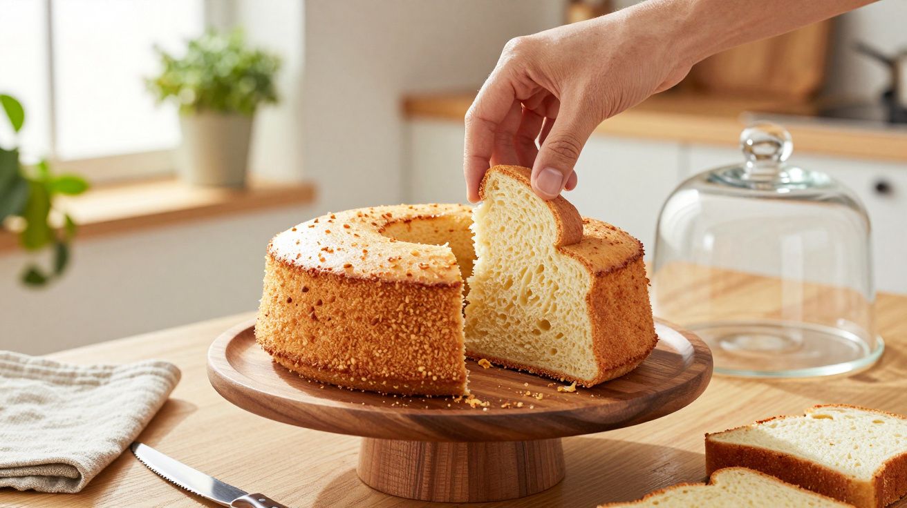 Mão pegando fatia de bolo de fubá sobre prato de madeira em cozinha iluminada.
