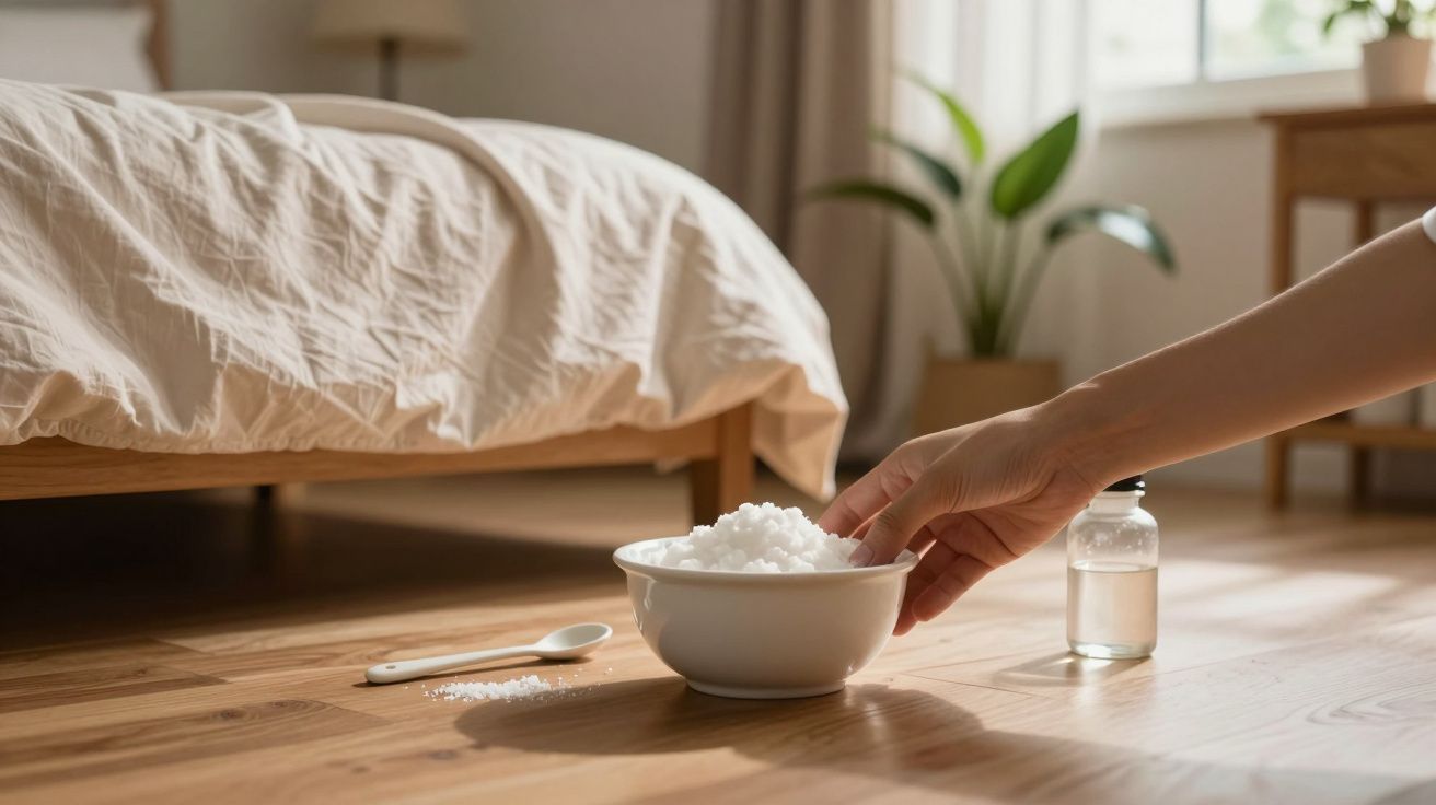Mão pega sal numa tigela no chão de madeira, ao lado de uma cama e planta.