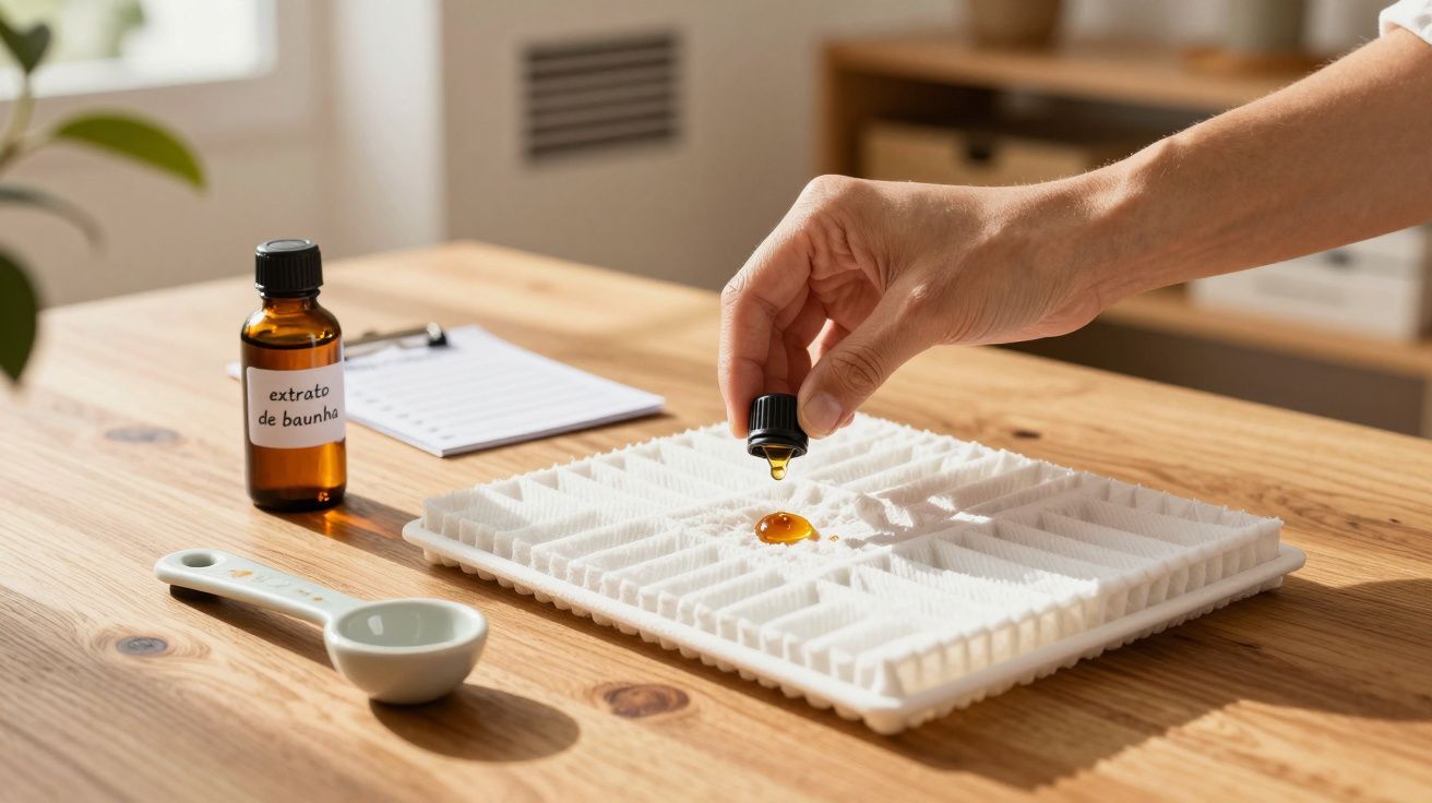 Mão pingando extrato de baunilha em tabuleiro branco, frasco e colher medidora ao lado.