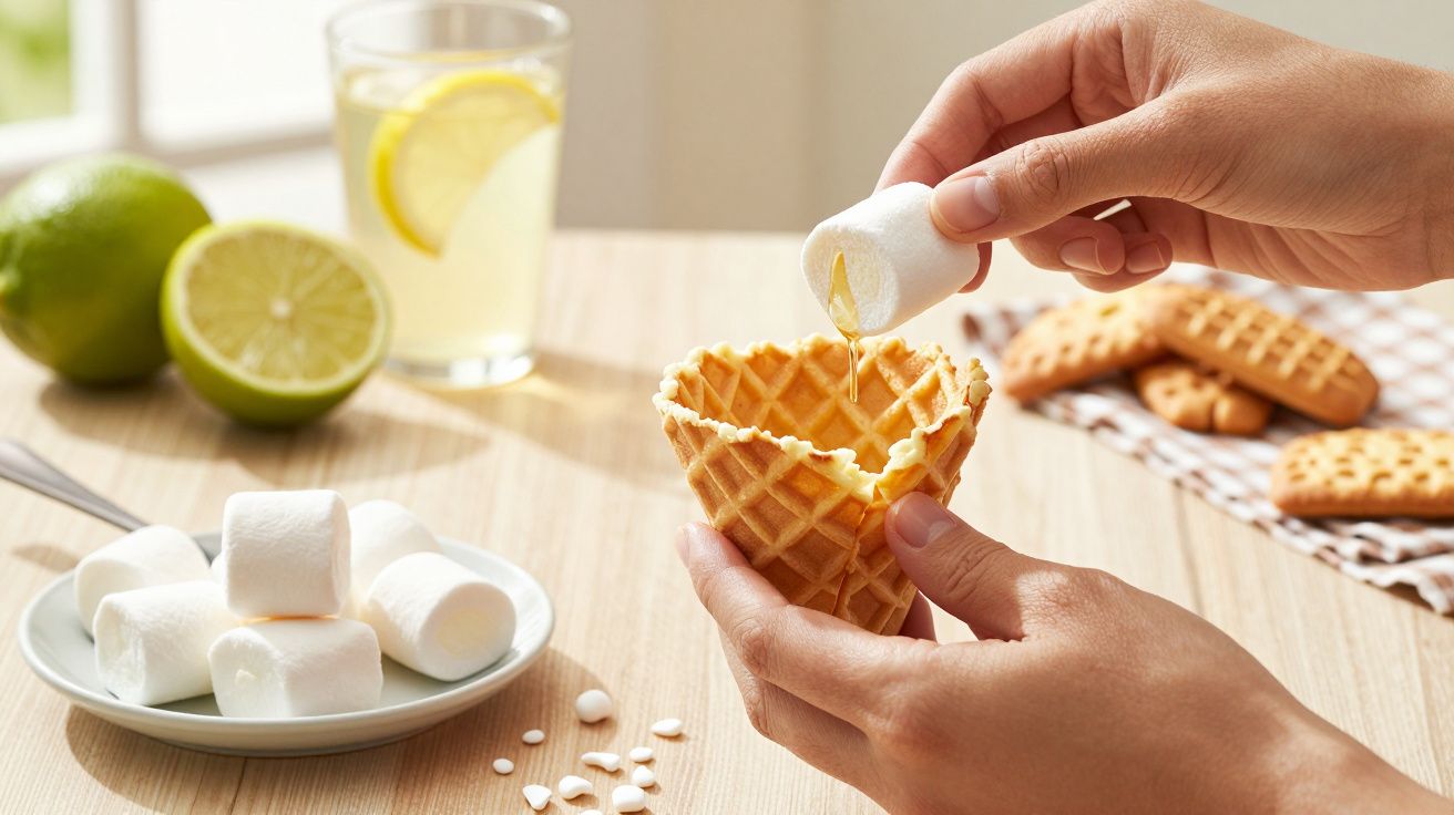 Mãos preparam cone de waffle com marshmallow, copo de limonada, lima e bolachas ao fundo sobre mesa de madeira.