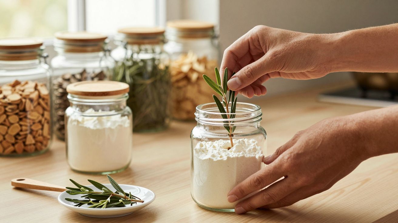 Mãos colocam raminho de alecrim num frasco de vidro com farinha. Frascos de ingredientes no fundo.