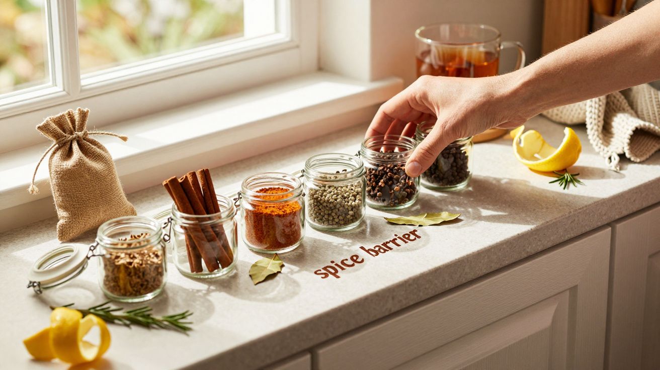 Mão a pegar em frasco de especiarias numa bancada com vidro, limão e chá ao lado de janela iluminada pelo sol.
