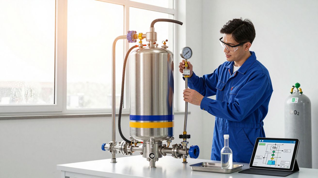 Técnico ajusta medidor de pressão num tanque de aço inoxidável em laboratório, com tablet e garrafa na mesa.