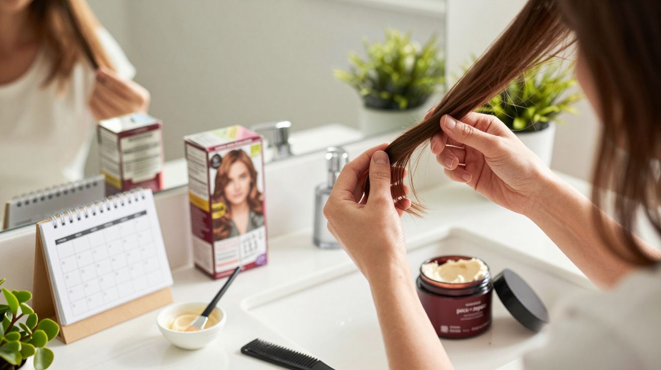 Mulher em casa verifica a cor do cabelo usando kit de coloração, espelho, pente e creme em cima da bancada da casa de banho.