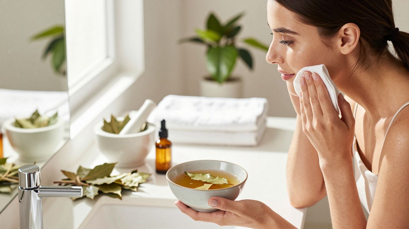 Mulher usa toalha facial ao lado de uma tigela de ervas no lavatório, com plantas ao fundo.