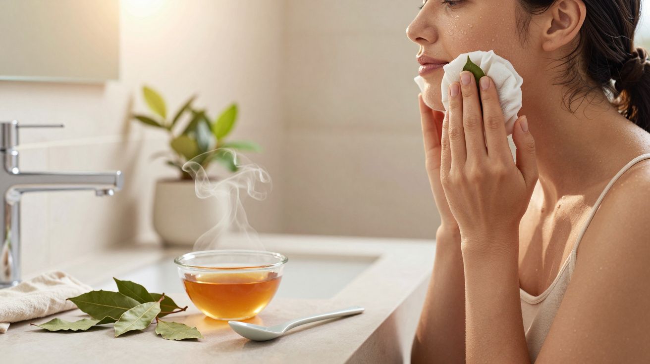 Mulher aplica vapor facial com toalha e chá em casa de banho iluminada.