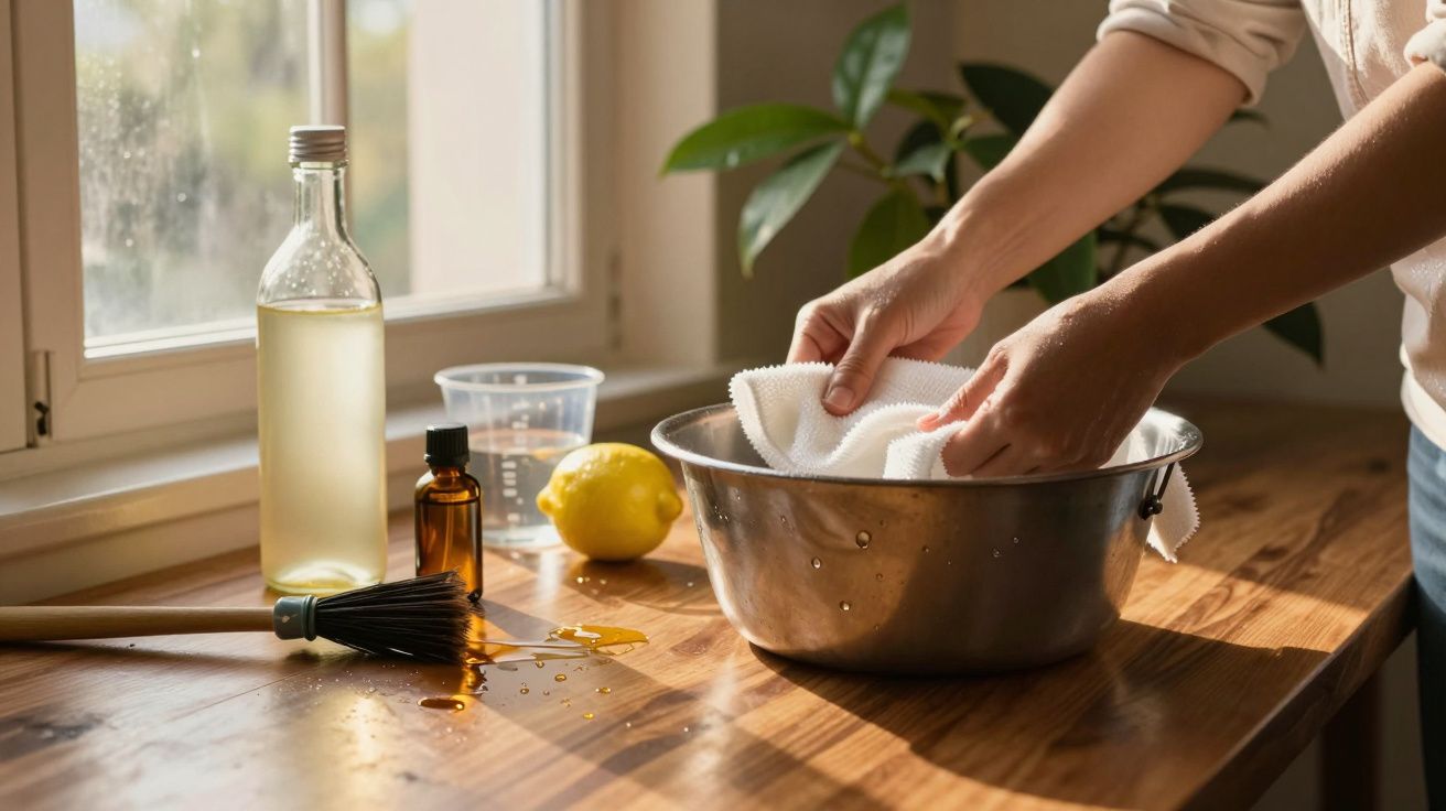 Mãos limpando com pano branco em bacia metálica, rodeada de garrafas, pincel e limão sobre mesa de madeira.
