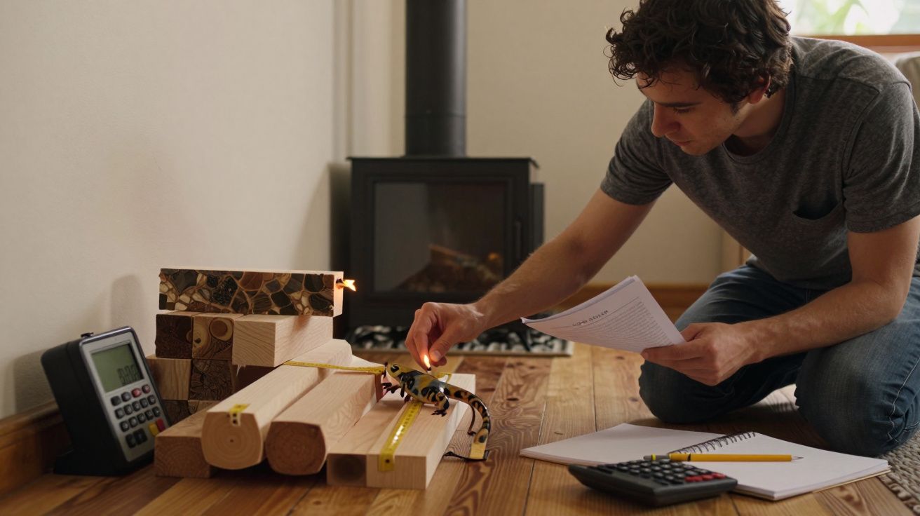 Homem a medir troncos de madeira com fita métrica, ao lado de lareira, calculadora e papéis no chão de madeira.