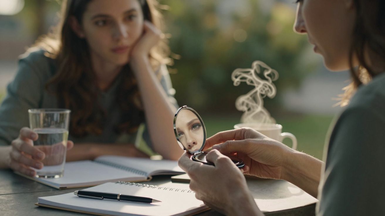 Mulher segura espelho refletindo seu rosto; outra mulher ao fundo com copo de água e caderno.
