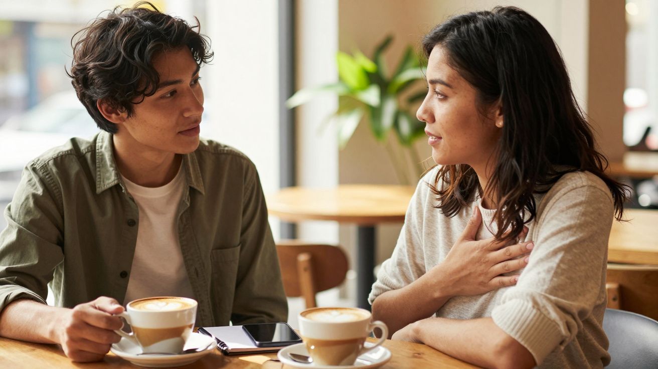 Dois jovens conversam numa cafetaria, com chávenas de café à frente, em ambiente descontraído.