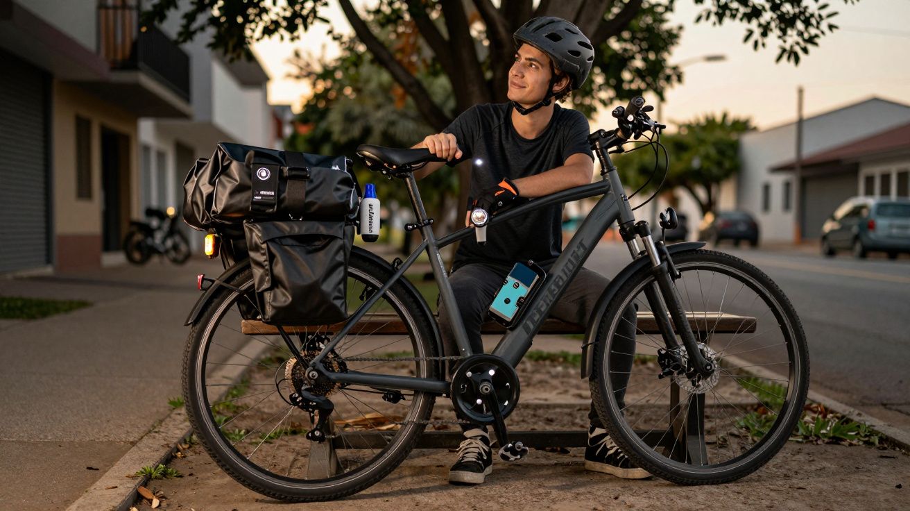 Homem de capacete sentado num banco com bicicleta equipada com sacos laterais em zona urbana ao entardecer.