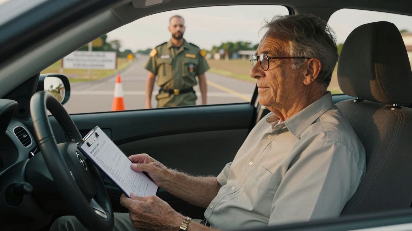 Homem idoso num carro a segurar uma prancheta, com um oficial em uniforme parado ao fundo.