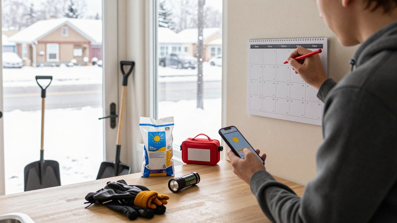 Pessoa a marcar calendário, com luvas, lanterna e pá de neve sobre a mesa. Mundo lá fora coberto de neve.