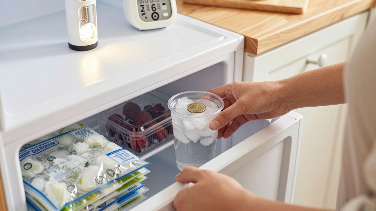 Pessoa coloca um copo com água e gelo no congelador. Há embalagens e um recipiente com framboesas na gaveta.
