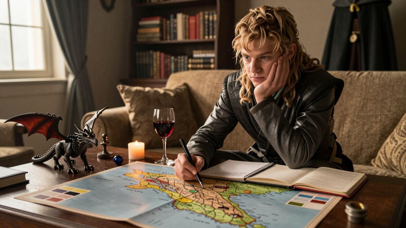 Pessoa loira estudando um mapa numa mesa com dragão de brinquedo, vela e copo de vinho, em sala com estante de livros.