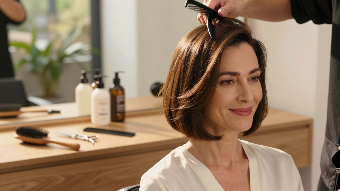 Mulher sorridente num salão de cabeleireiro, com cabelo castanho curto a ser penteado. Objetos visíveis na mesa.