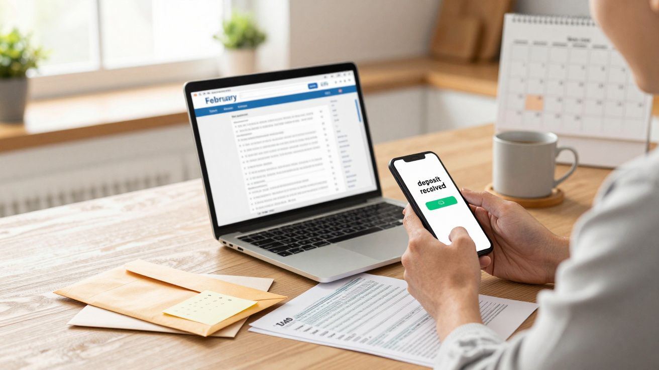 Pessoa segura telemóvel com mensagem de depósito recebido, ao lado de portátil e papéis numa mesa.