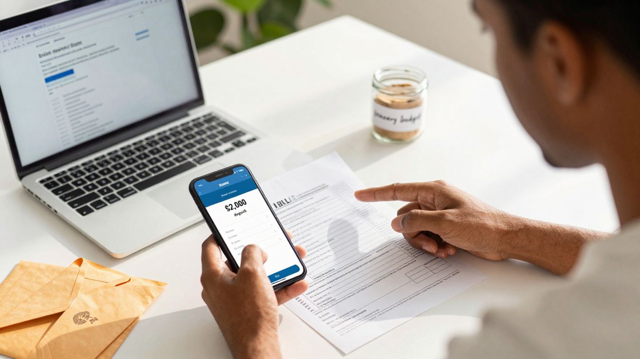 Homem verifica saldo de $2.000 no telemóvel enquanto analisa documentos, com portátil e frasco de orçamento ao fundo.