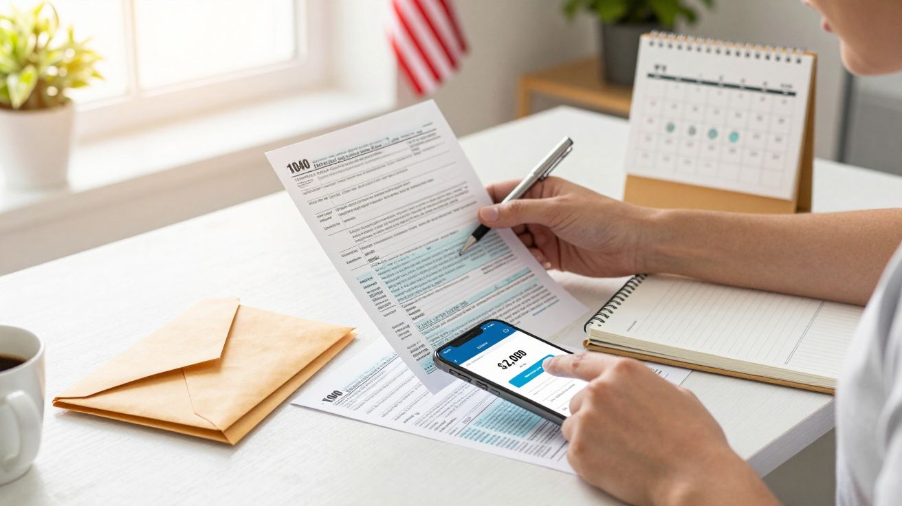 Pessoa a preencher formulário de impostos com caneta, telemóvel, notebook e calendário na mesa.