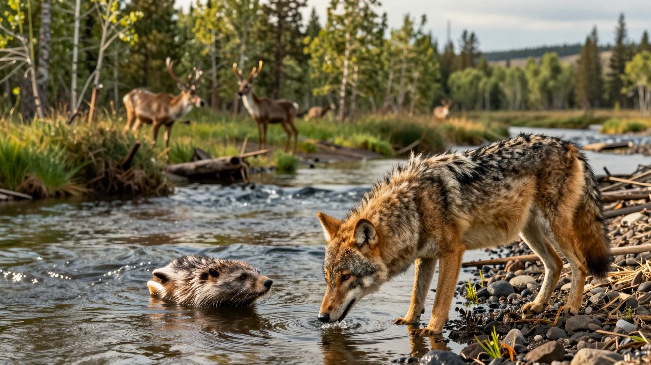 Coiote e texugo a beber água num riacho, com veados ao fundo numa paisagem florestal.