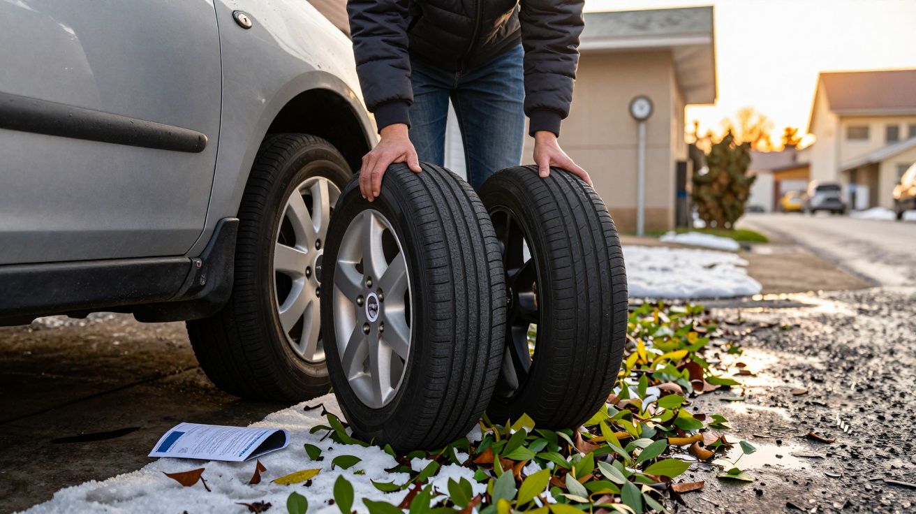 Pessoa a trocar pneus de carro num dia de inverno, com neve e folhas caídas ao redor.