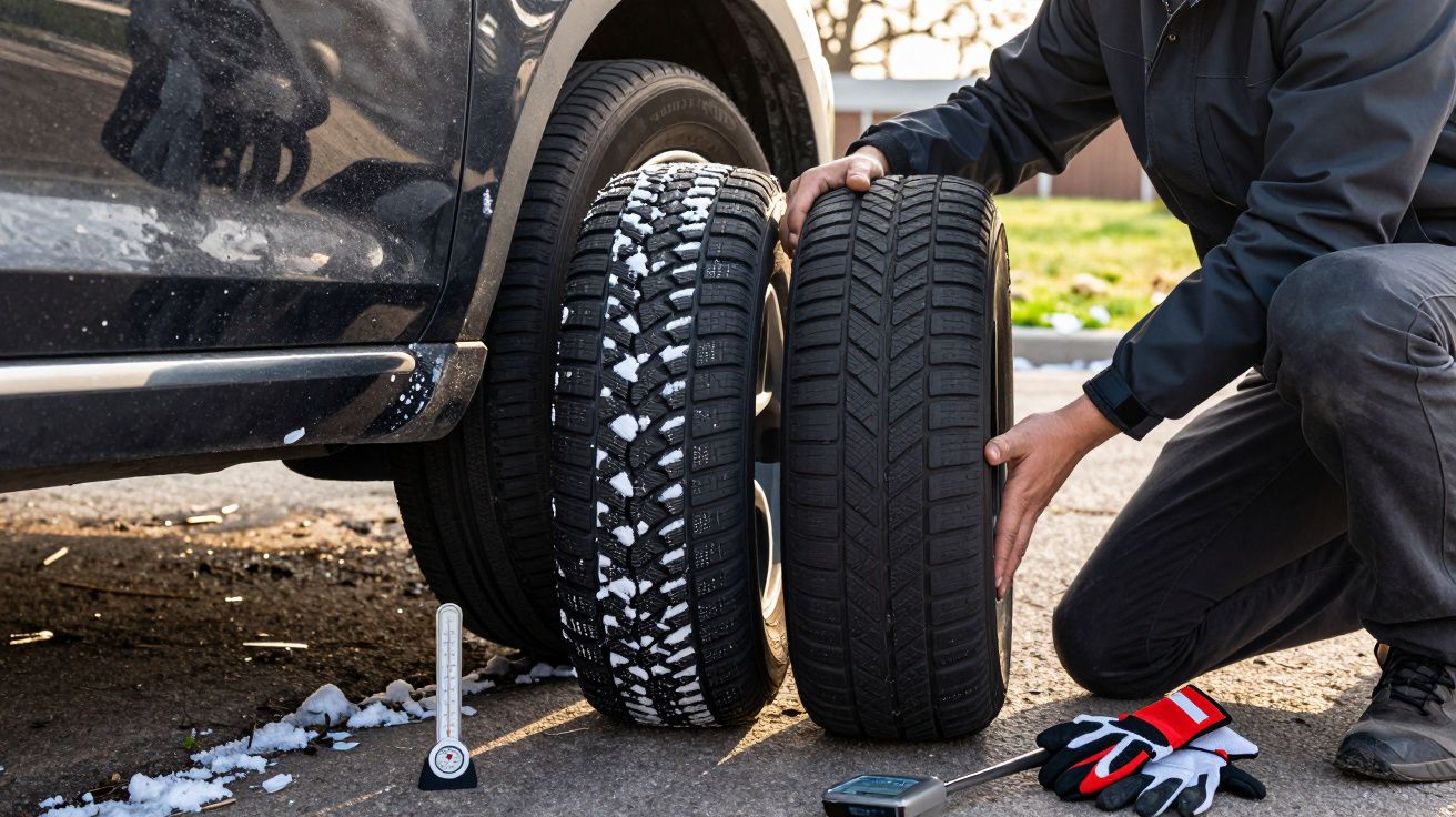 Pessoa comparando dois pneus de inverno e de verão ao lado de um carro; ferramentas no chão.