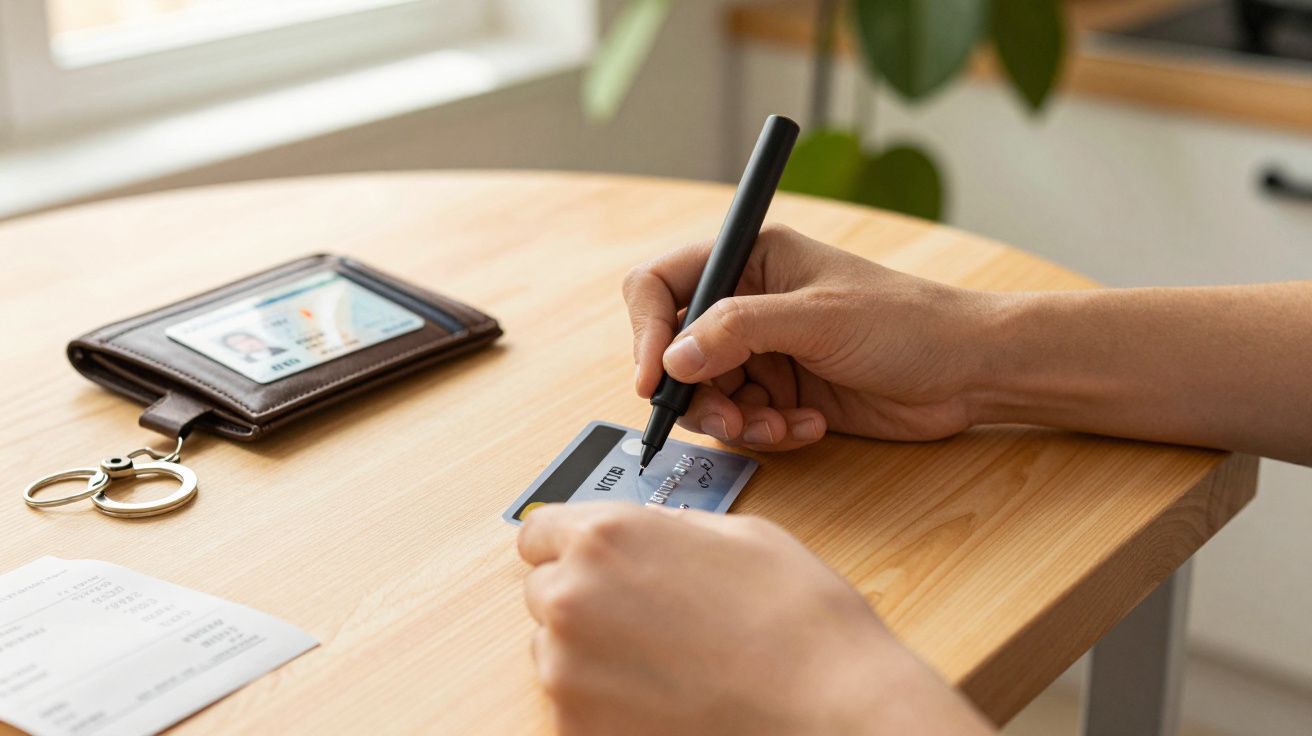 Mãos segurando caneta a escrever em cartão de crédito sobre mesa de madeira com carteira e chave ao lado.