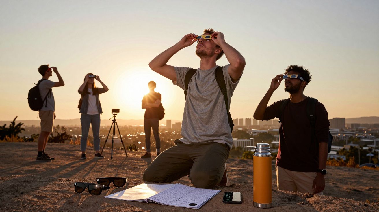 Grupo observa eclipse solar ao pôr do sol com óculos especiais, em colina com vista para a cidade.