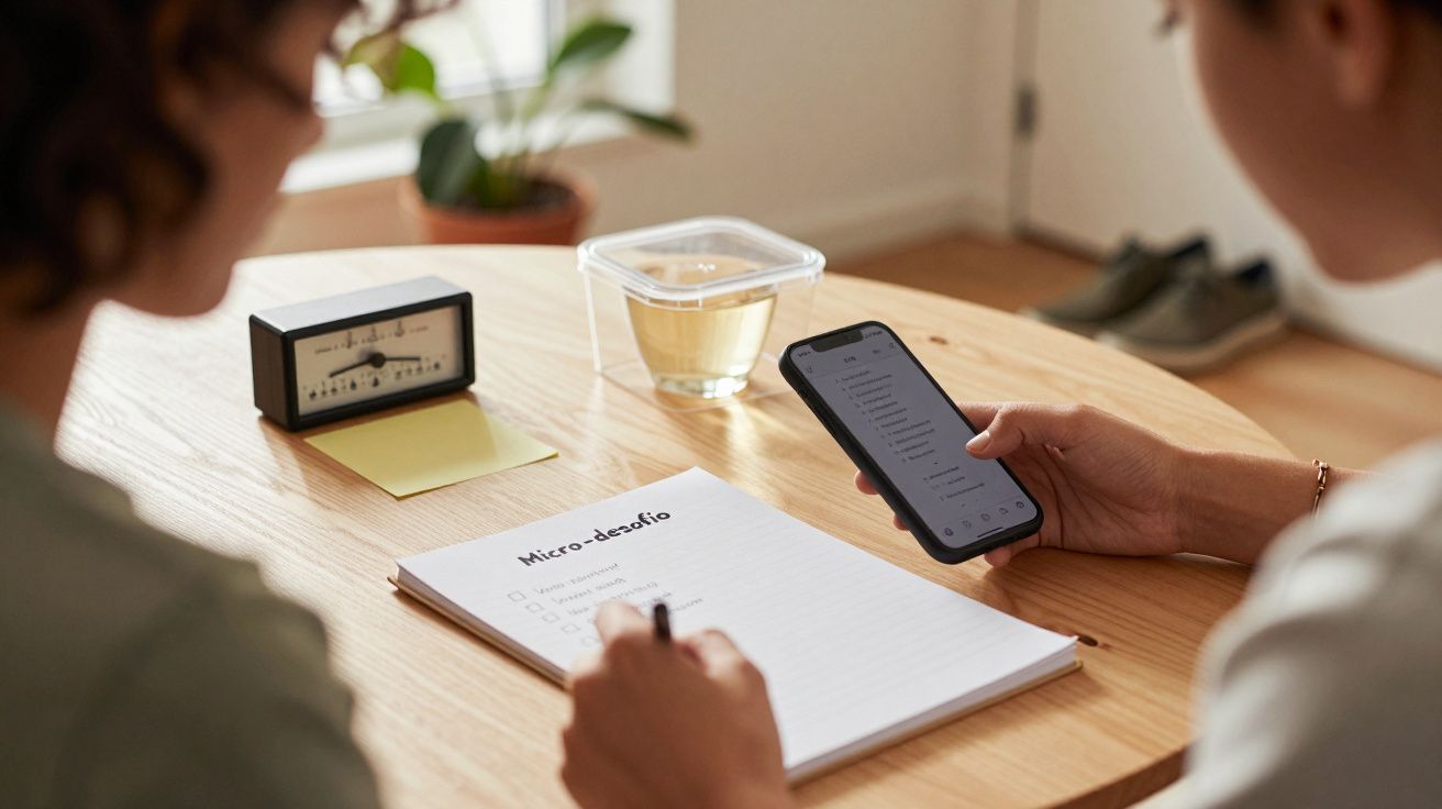 Duas pessoas num ambiente descontraído, uma escreve num caderno de tarefas e a outra verifica o telemóvel.