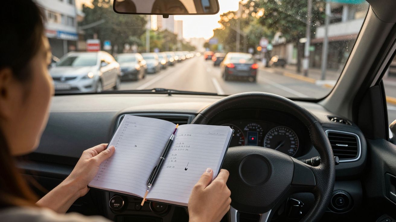 Pessoa a conduzir e a ler um caderno no volante numa estrada movimentada ao pôr do sol.