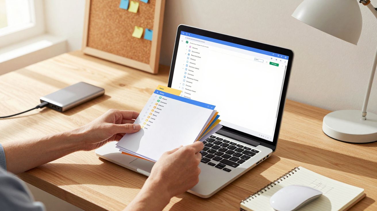 Mesa de trabalho com portátil aberto ao lado de notas adesivas, portátil, caderno, rato e mãos a segurar folhas.