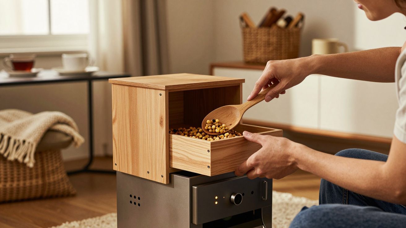 Pessoa a encher uma gaveta de madeira com sementes usando uma colher numa cozinha acolhedora.