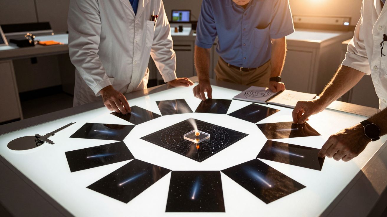 Três pessoas analisam imagens de galáxias dispostas em círculo numa mesa iluminada, num ambiente de laboratório.