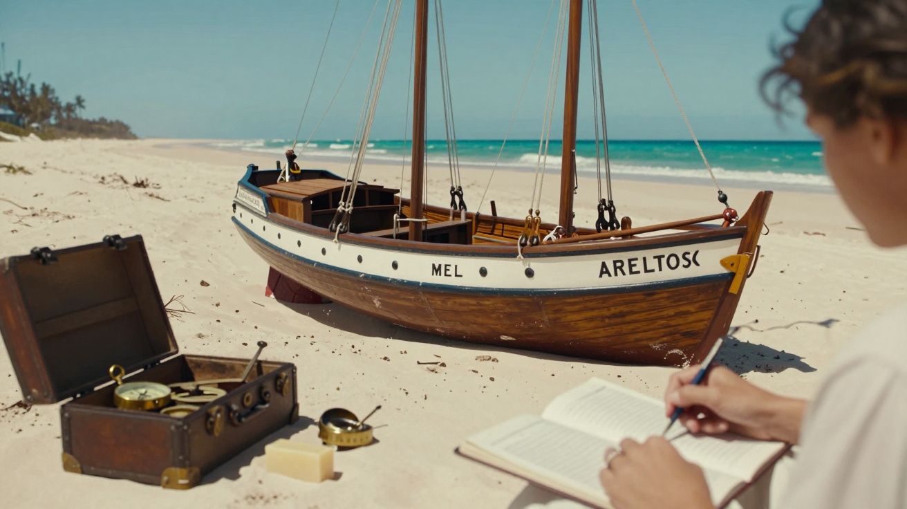 Pessoa escreve em caderno na praia, ao lado de um barco tradicional de madeira e um baú com instrumentos de navegação.