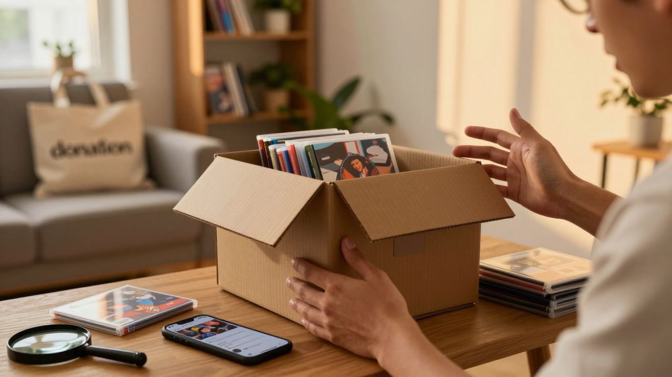 Pessoa a organizar CDs numa caixa de cartão numa sala, com smartphone e lupa sobre a mesa.