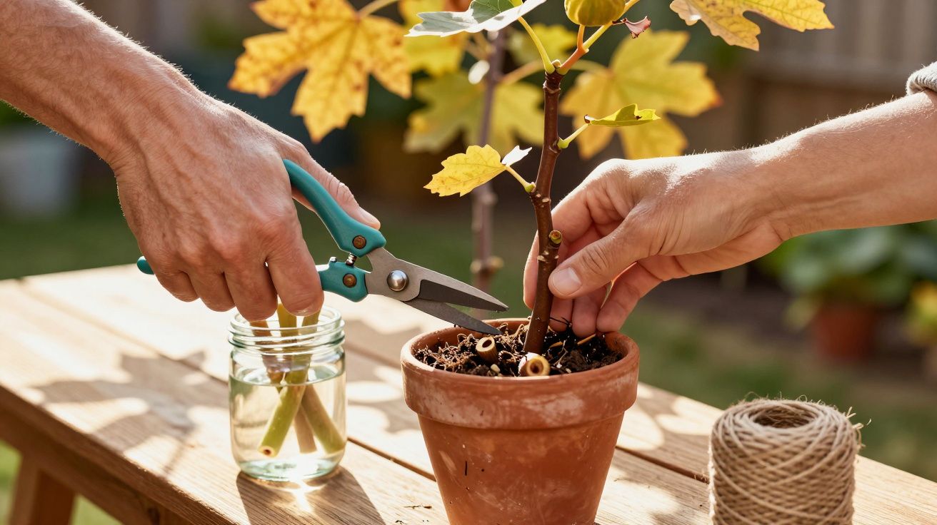 Duas mãos cuidam de uma pequena árvore em vaso na mesa. Tesoura de poda e fio visíveis.