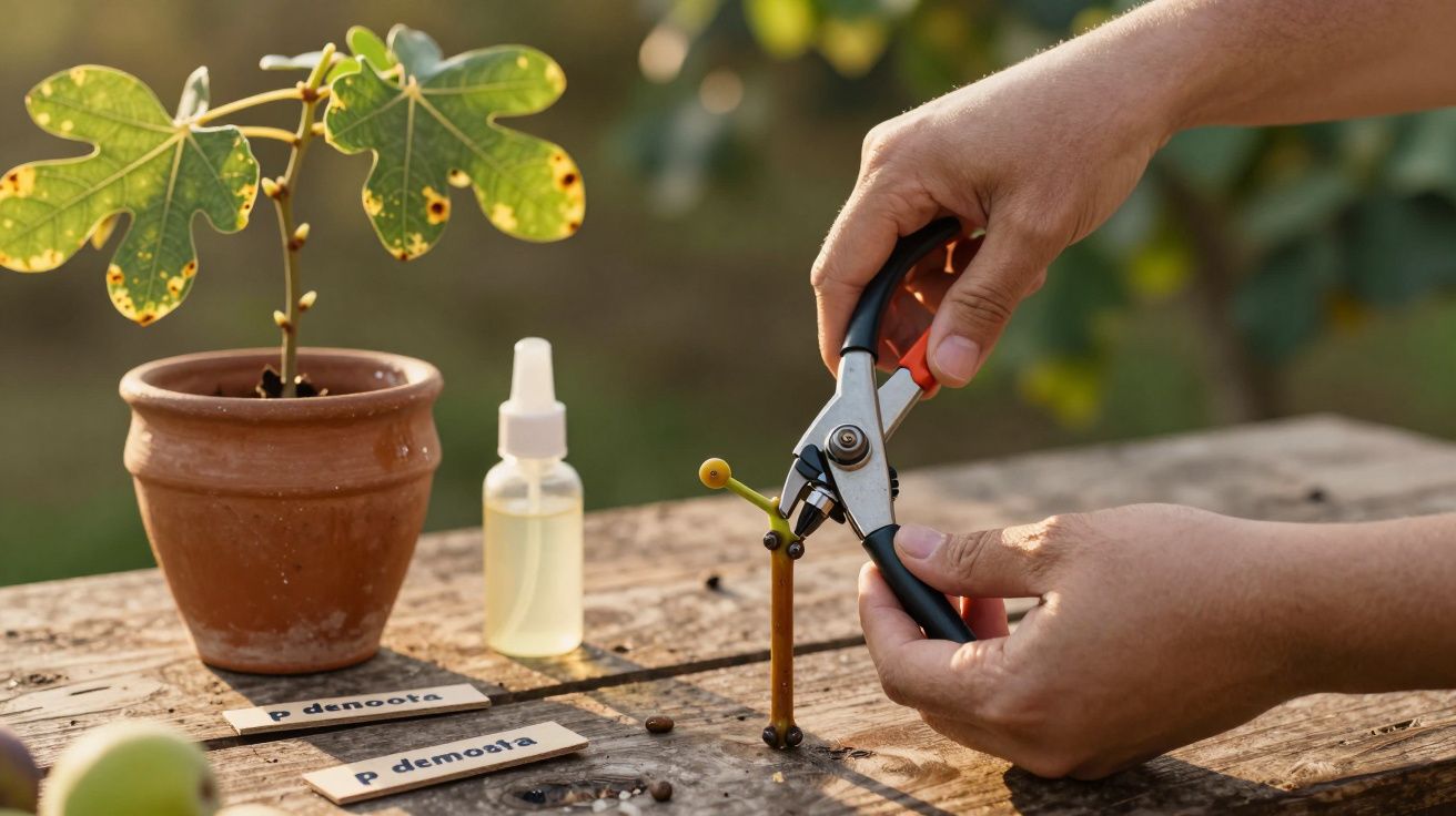 Mãos a podar uma muda em vaso de barro com tesoura de poda, sobre mesa de madeira ao ar livre.