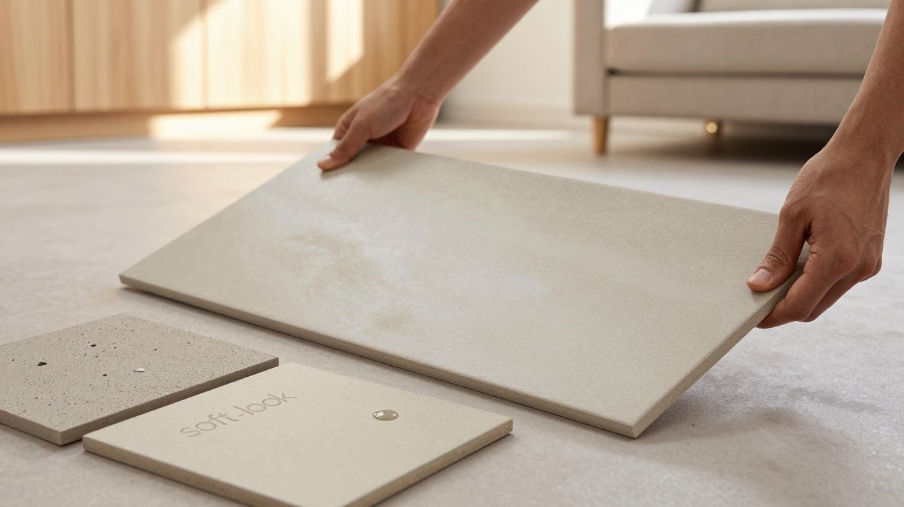 Mãos segurando uma placa de amostra de pavimento bege sobre o chão, com outras amostras à frente.