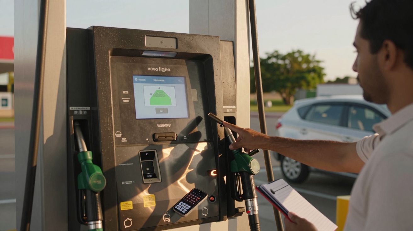 Homem usando um terminal de pagamento numa bomba de combustível, segurando bloco de notas. Carro branco ao fundo.