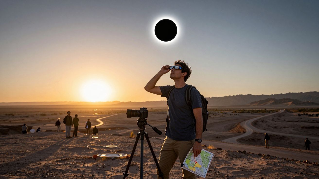 Homem observa eclipse solar com óculos especiais, ao pôr do sol, num deserto com um tripé e mapa na mão.