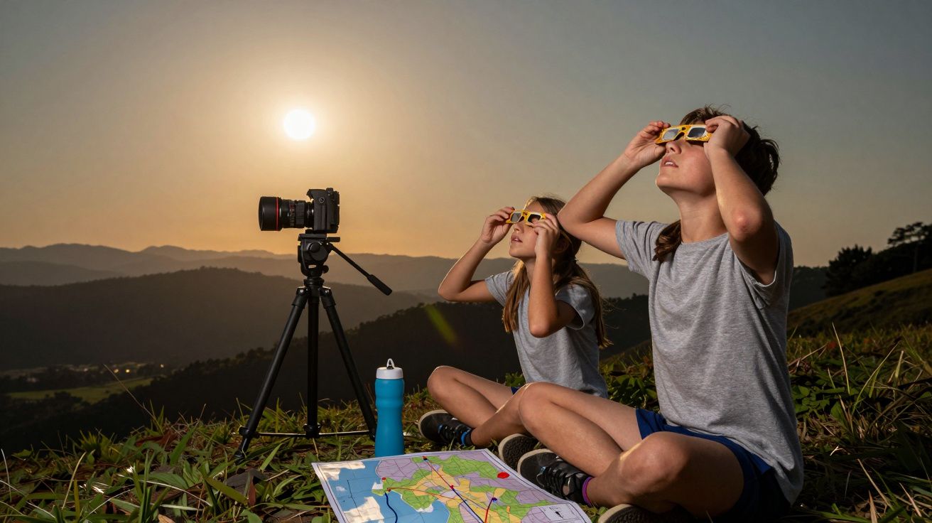 Duas pessoas com óculos de proteção observam o eclipse solar num campo, com câmara, mapa e garrafa de água ao lado.