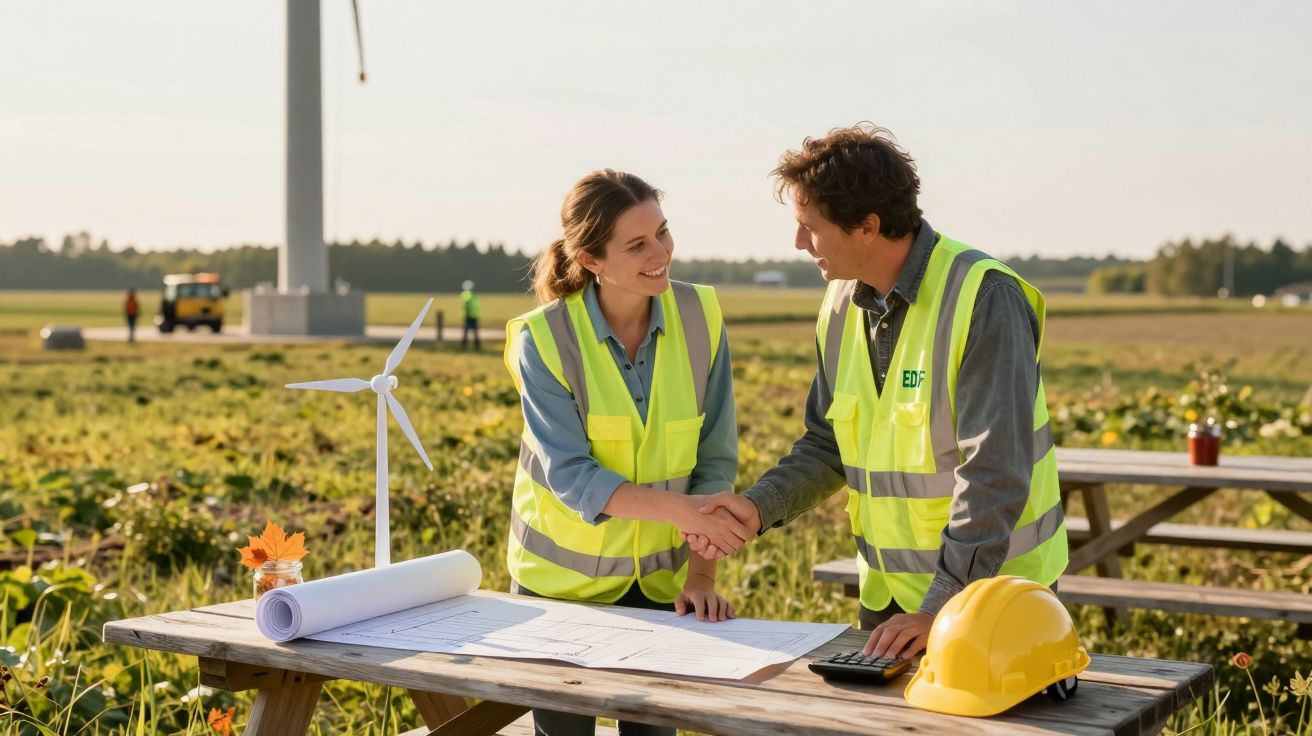 Duas pessoas com coletes refletores apertam as mãos, em campo com turbina eólica ao fundo.