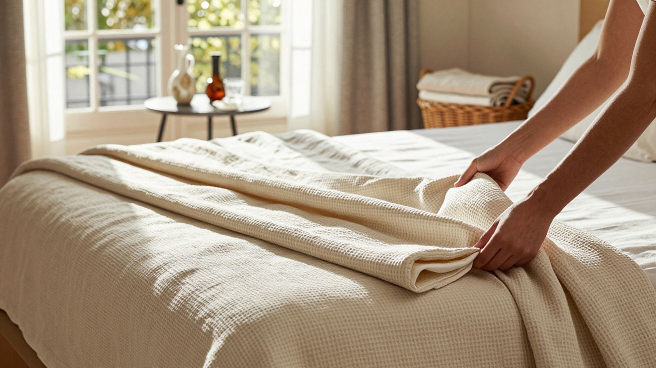 Pessoa a fazer uma cama com lençóis brancos numa sala iluminada, com janela e mesa de cabeceira ao fundo.