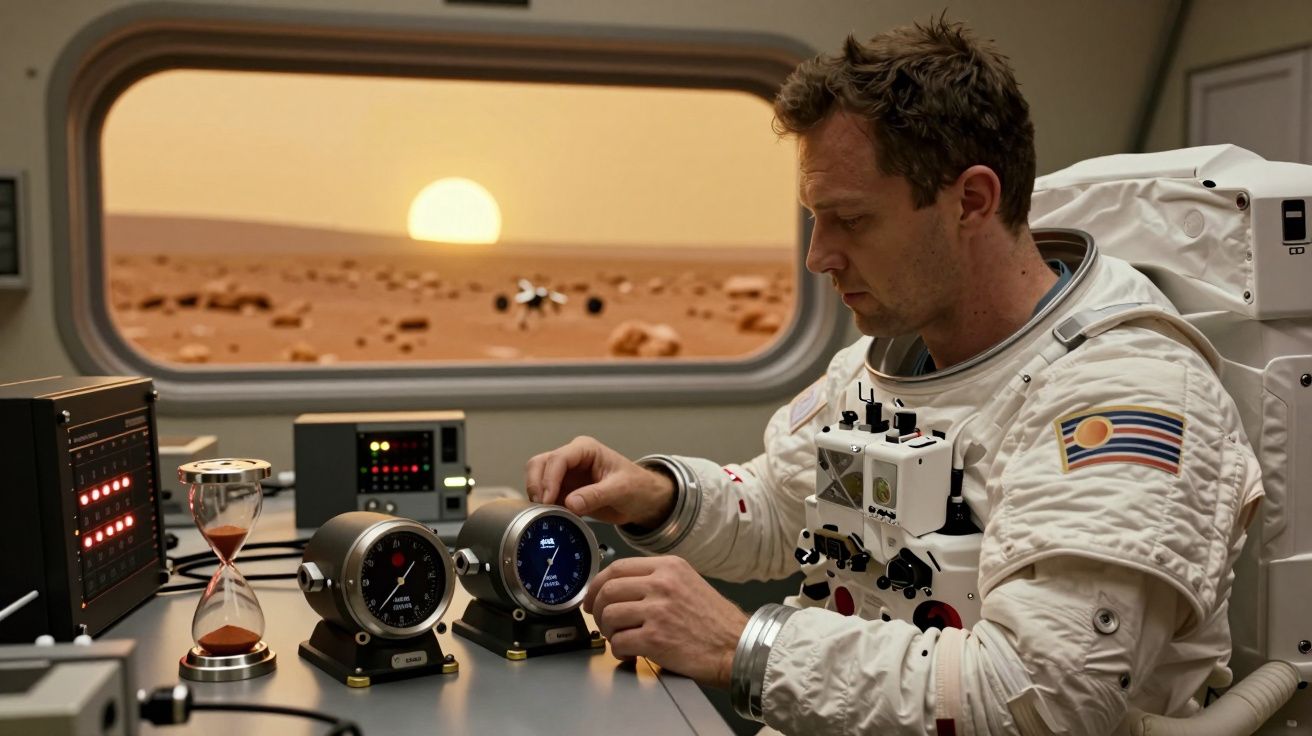 Astronauta em traje espacial ajusta instrumentos numa nave com Marte ao fundo ao pôr do sol.