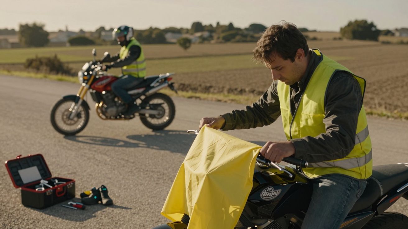 Dois homens de colete refletor, um em moto, outro cobrindo moto com lona amarela, numa estrada rural.