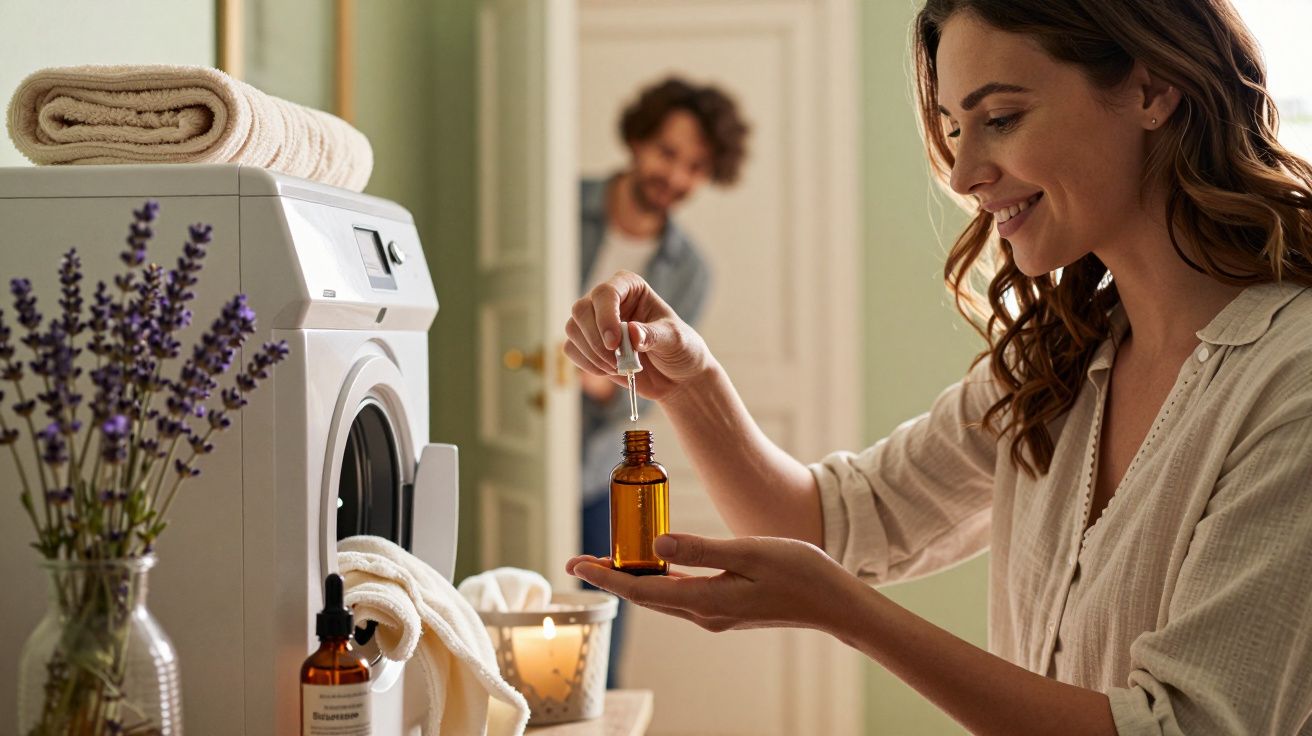 Mulher sorridente usa conta-gotas enquanto prepara roupa na lavandaria, com homem ao fundo na porta.
