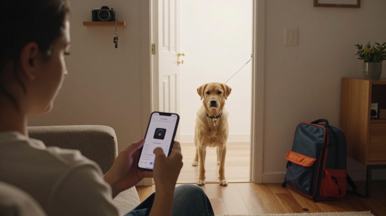 Pessoa sentada no sofá, usando um smartphone, com um cão de pé à porta aberta ao fundo.